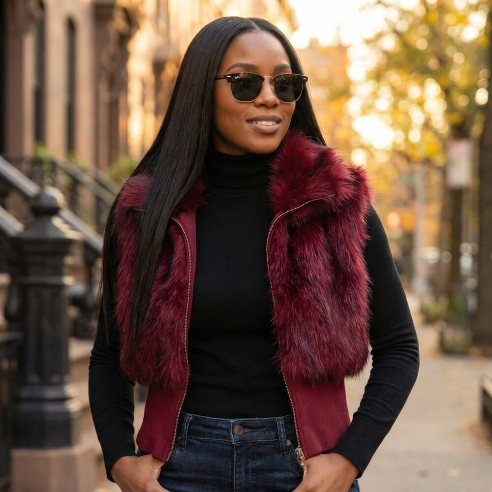 Burgundy Faux Fur Sleeveless Zip Jacket | High Collar Cropped Vest | XXL (14)